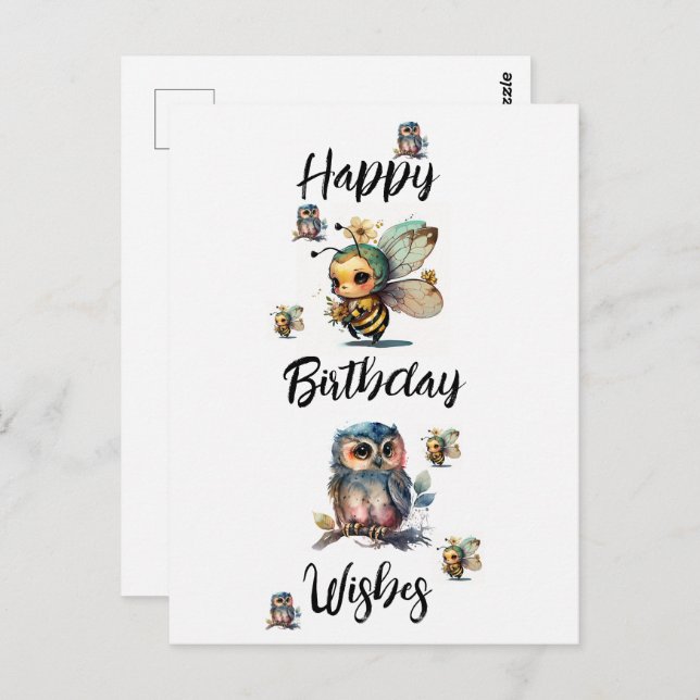 HAPPY BIRTHDAY WISHES Owls and Bienen | Postkarte (Vorne/Hinten)