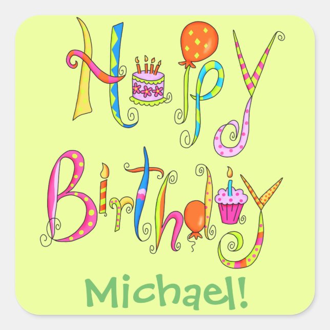 Happy Birthday Word Art Green Name Personalisiert Quadratischer Aufkleber (Vorderseite)