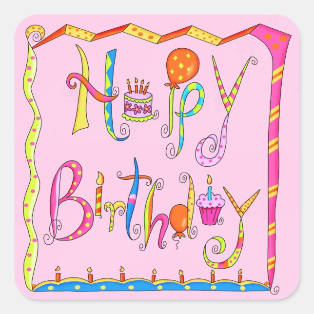 Happy Birthday Word Art Pink Ballon Kunst Quadratischer Aufkleber (Vorderseite)