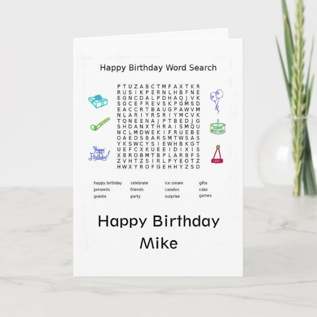 Happy Birthday Word Search Mike Karte (Vorderseite)