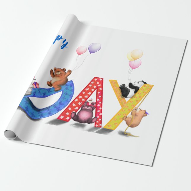 Happy Birthday Wrapping Paper Baby Bears Party Geschenkpapier (Ungerollt)