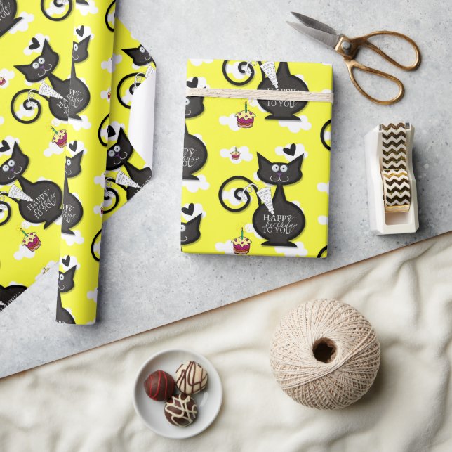 Happy Birthday Wrapping Paper Black Cat Geschenkpapier (Kunsthandwerk)