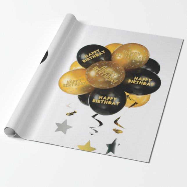 Happy Birthday Wrapping Paper Black Gold Balloons Geschenkpapier (Ungerollt)