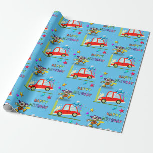 Happy Birthday Wrapping Paper Clown Car Stars Geschenkpapier