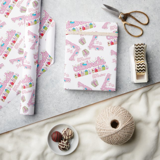 Happy Birthday Wrapping Paper feiern Pink Geschenkpapier (Kunsthandwerk)