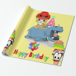 Happy Birthday Wrapping Paper Hippopotamus Kitten Geschenkpapier