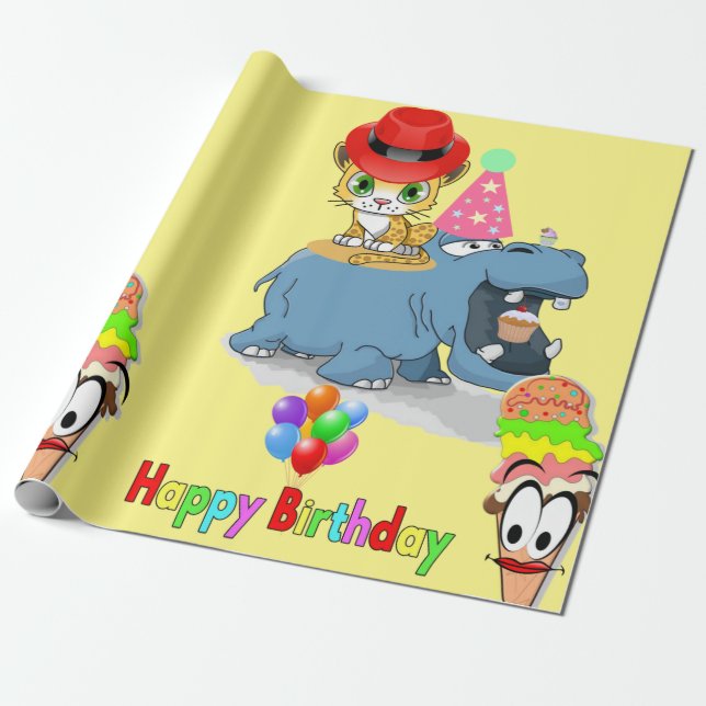 Happy Birthday Wrapping Paper Hippopotamus Kitten Geschenkpapier (Ungerollt)
