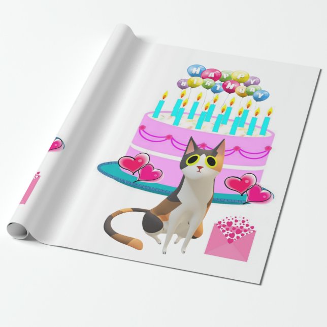 Happy Birthday Wrapping Paper Katze Lady Geburtsta Geschenkpapier (Ungerollt)