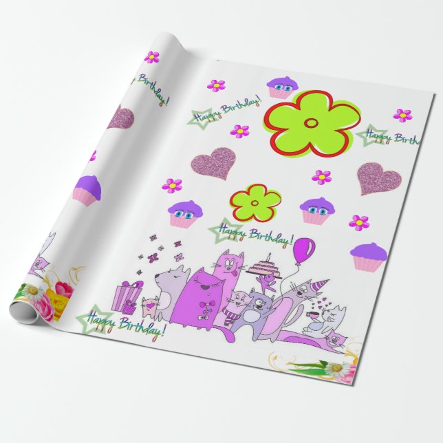 Happy Birthday Wrapping Paper Katze Lady Geburtsta Geschenkpapier (Ungerollt)