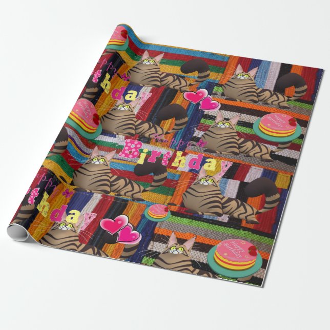 Happy Birthday Wrapping Paper Katze Lady Geburtsta Geschenkpapier (Ungerollt)