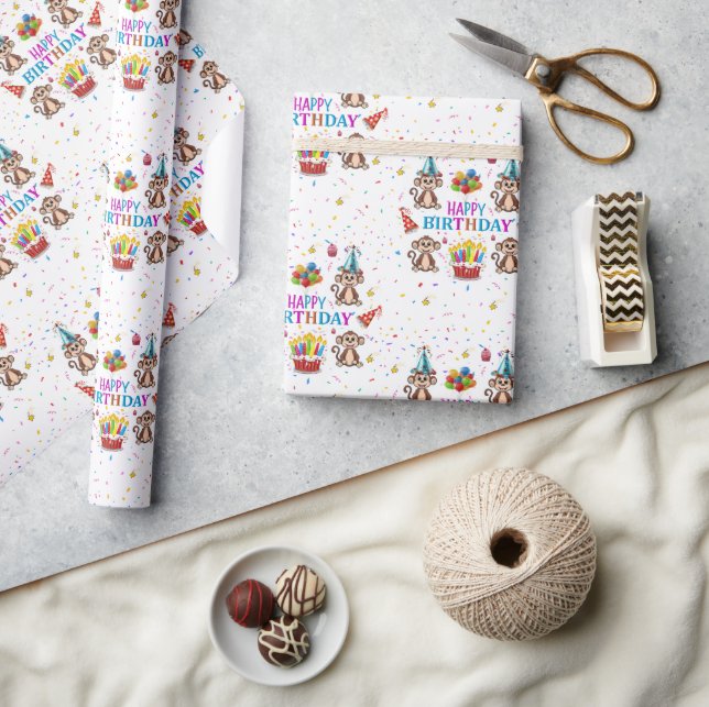 Happy Birthday Wrapping Paper Monkey Cupcake  Geschenkpapier (Kunsthandwerk)
