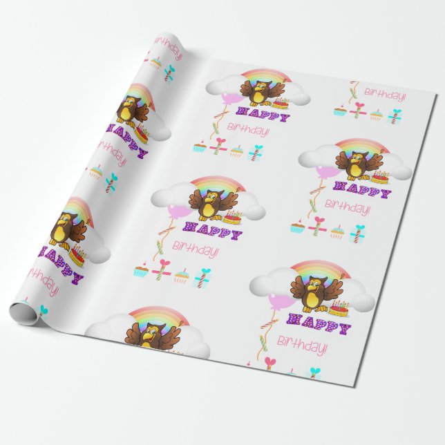 Happy Birthday Wrapping Paper Owl Geschenkpapier (Ungerollt)