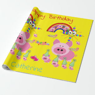 Happy Birthday Wrapping Paper Pink Pigs Yellow Geschenkpapier