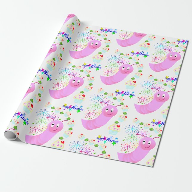 Happy Birthday Wrapping Paper Pink Worm Cupcakes Geschenkpapier (Ungerollt)