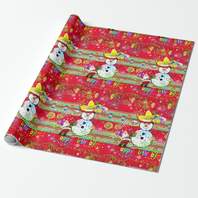 Happy Birthday Wrapping Paper Snowman Geschenkpapier (Ungerollt)