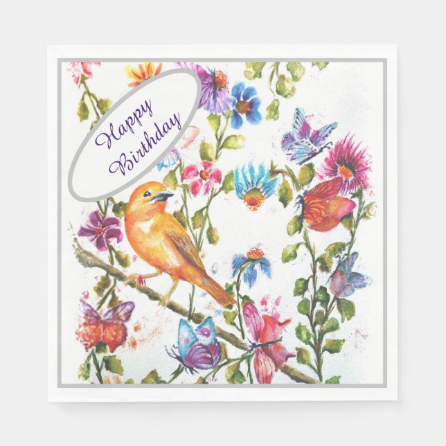 Happy Birthday Yellow Bird Serviette (Vorderseite)