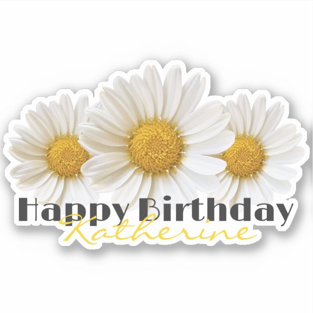 Happy Birthday Yellow Name White Daisies Aufkleber (Vorderseite)