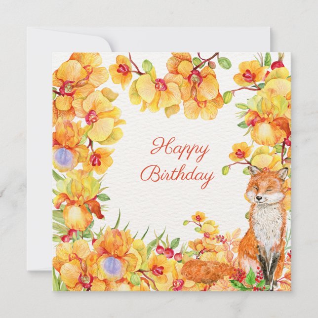 Happy Birthday Yellow Orchid Blume und Fox (Vorderseite)