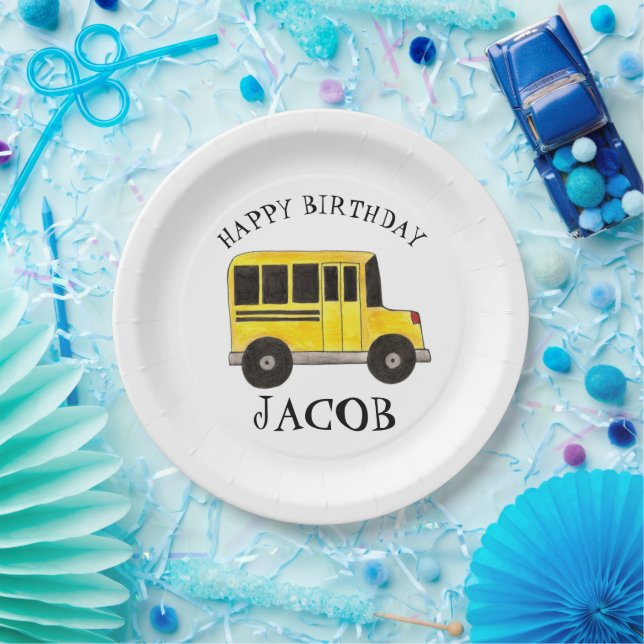 Happy Birthday Yellow School Buslehrer Bildung Pappteller (Party)
