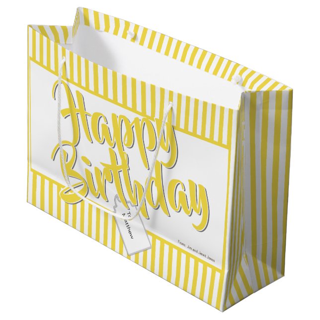 Happy Birthday Yellow/White Simple Stripes Pattern Große Geschenktüte (Vorderseite Schrägansicht)
