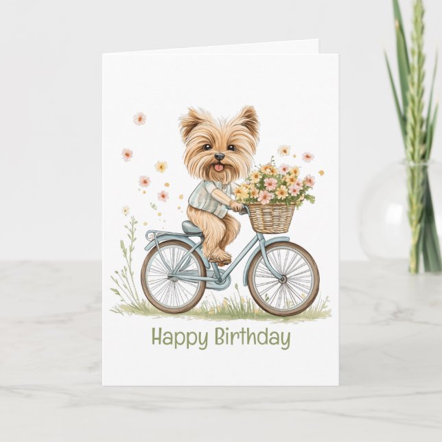 Happy Birthday Yorkie Dog Biking Spring Blumen Karte (Vorderseite)
