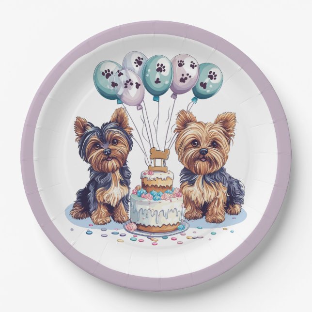 Happy Birthday Yorkie Dog Pappteller (Vorderseite)