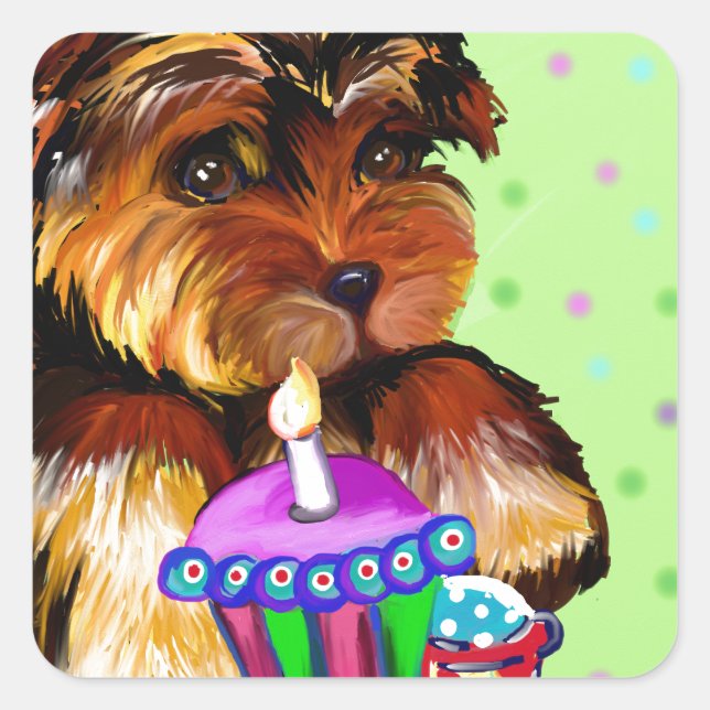 HAPPY BIRTHDAY YORKIE POO QUADRATISCHER AUFKLEBER (Vorderseite)