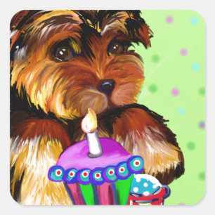 HAPPY BIRTHDAY YORKIE POO QUADRATISCHER AUFKLEBER