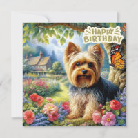 Happy Birthday Yorkshire Terrier Puppy and Garden