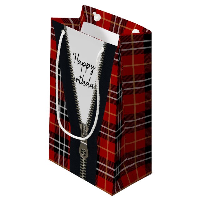 Happy Birthday Zipper auf Tartan Kariert Kleine Geschenktüte (Vorderseite Schrägansicht)