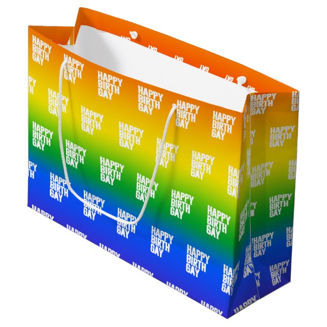 Happy Birthgay Große Geschenktüte (Vorderseite Schrägansicht)
