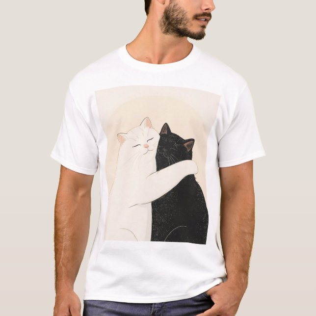 Happy Black and White Cat Hug T-Shirt (Vorderseite)