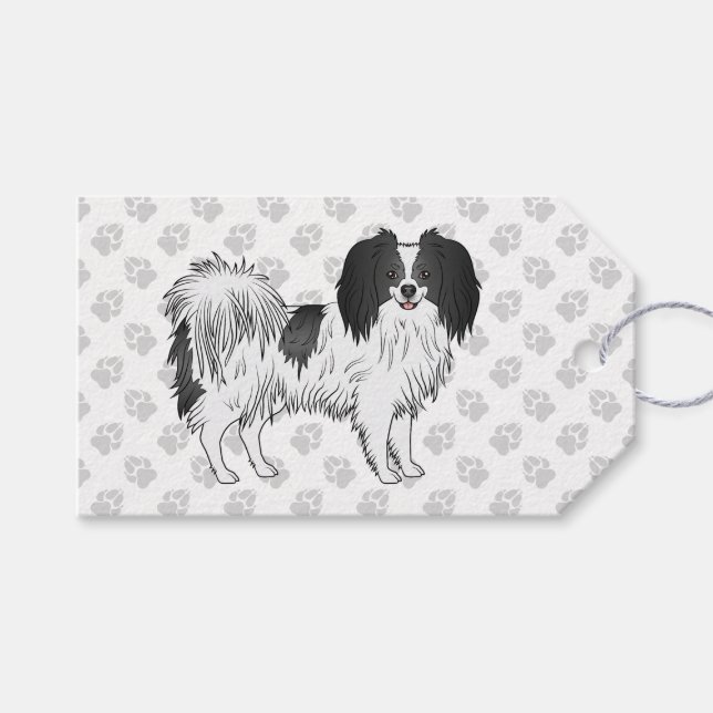 Happy Black and White Phalène Dog Illustration Geschenkanhänger (Vorderseite (Horizontal))