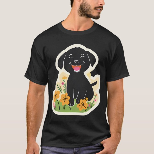 Happy Black Puppy in Wildflowers T-Shirt (Vorderseite)