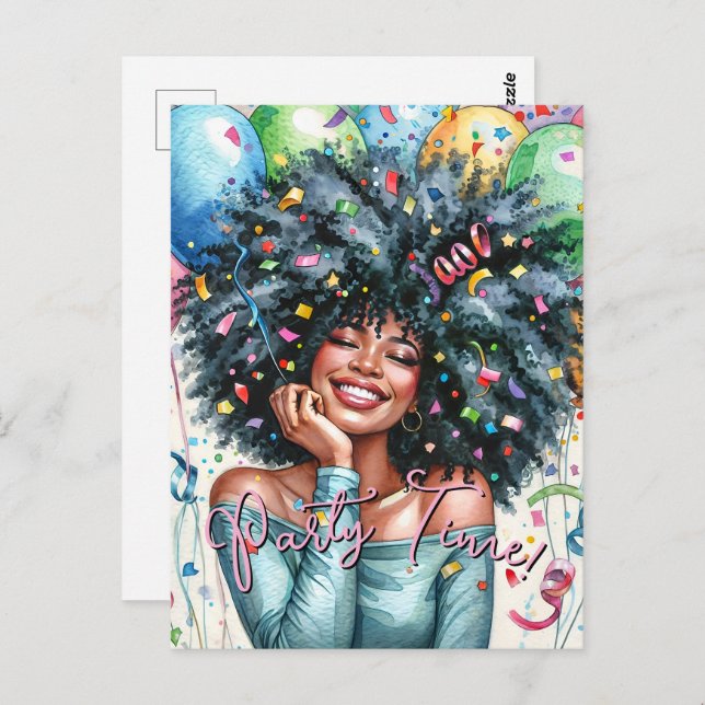 Happy Black Woman Party Time Postkarte (Vorne/Hinten)