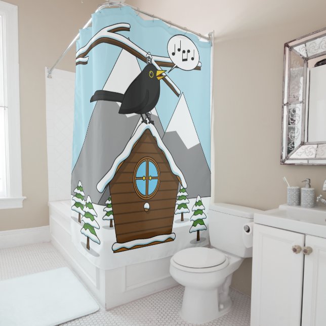 Happy Blackbird im Winter Landschaft singen Duschvorhang (Beispiel)