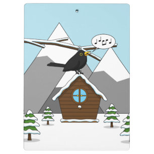 Happy Blackbird im Winter Landschaft singen Klemmbrett
