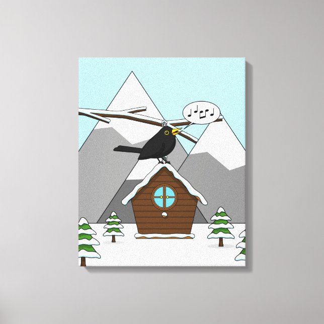 Happy Blackbird im Winter Landschaft singen Leinwanddruck (Vorderseite)