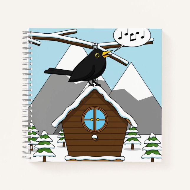 Happy Blackbird im Winter Landschaft singen Notizbuch (Vorderseite)