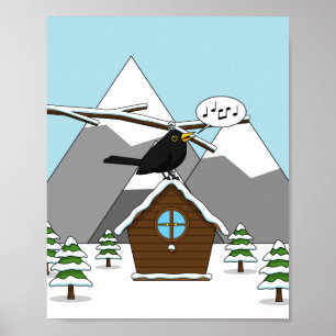 Happy Blackbird im Winter Landschaft singen Poster