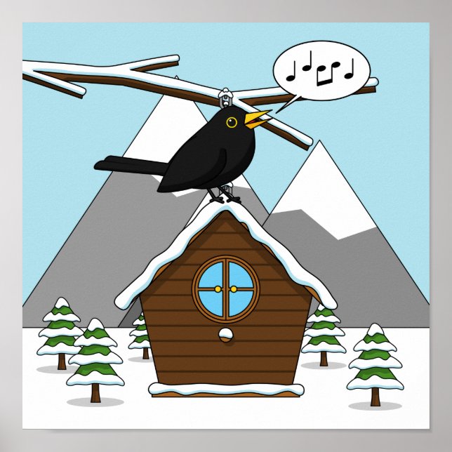 Happy Blackbird im Winter Landschaft singen Poster (Vorne)