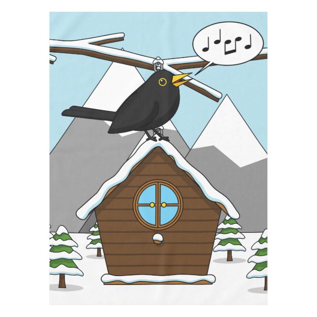 Happy Blackbird im Winter Landschaft singen Tischdecke (Vorderseite)
