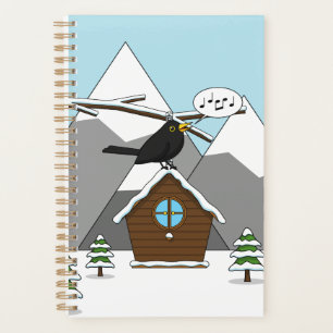 Happy Blackbird Singing in Winter Landscape Planer