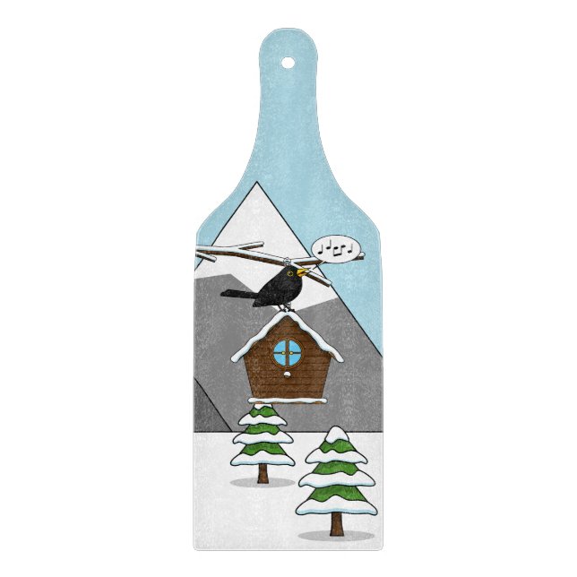 Happy Blackbird Singing in Winter Landscape Schneidebrett (Vorderseite)