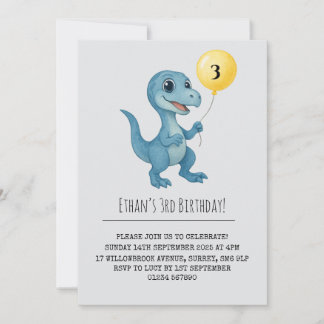 Happy Blue Dinosaur Holding Balloon Birthday Einladung