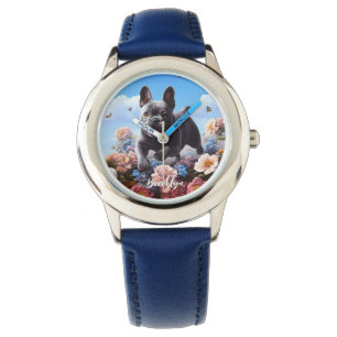 Happy Blue French Bulldog & Blume Armbanduhr