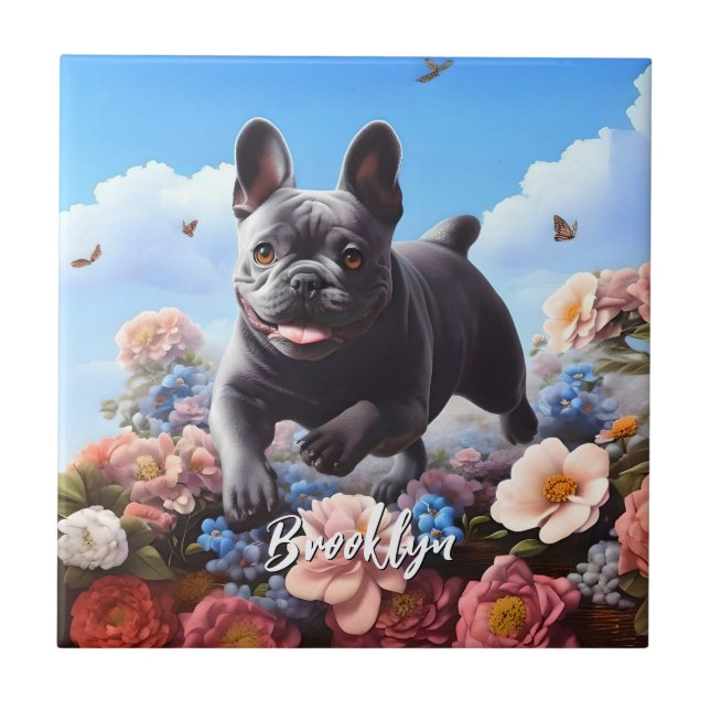 Happy Blue French Bulldog & Blume Fliese (Vorderseite)