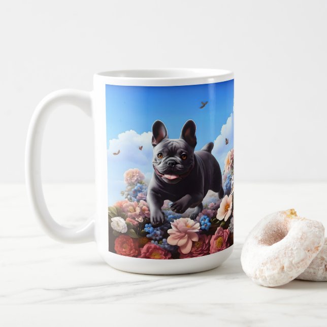 Happy Blue French Bulldog & Blume Kaffeetasse (Mit Donut)