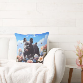 Happy Blue French Bulldog & Blume Kissen