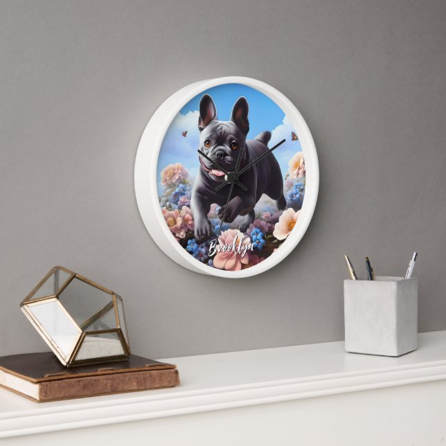 Happy Blue French Bulldog & Blume Uhr (Büro)